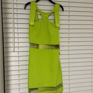 Neon Lime Cutout Mini Dress with Button-Strap Detail